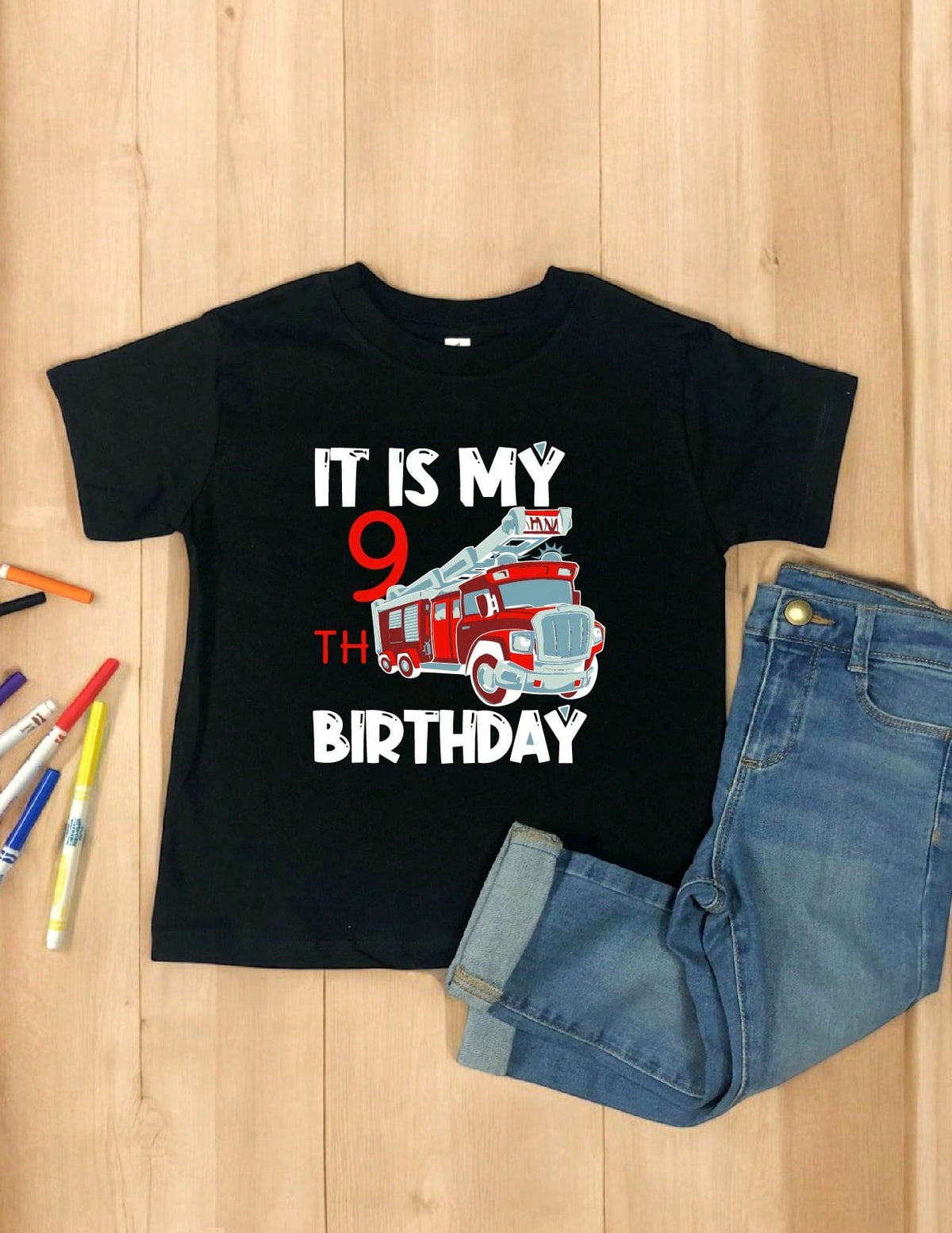 Ninth Birthday Fire Truck Kids T-Shirt