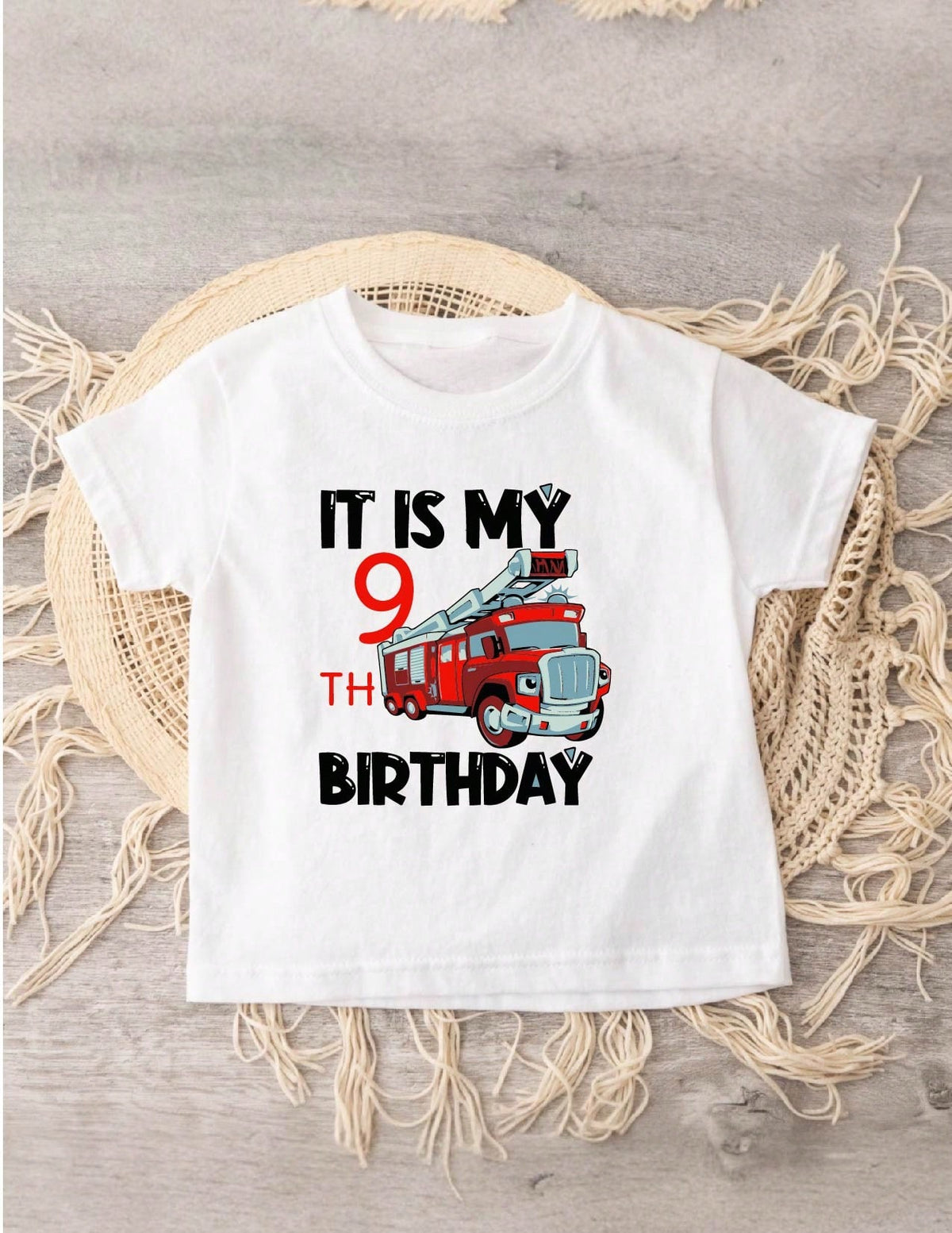 Ninth Birthday Fire Truck Kids T-Shirt