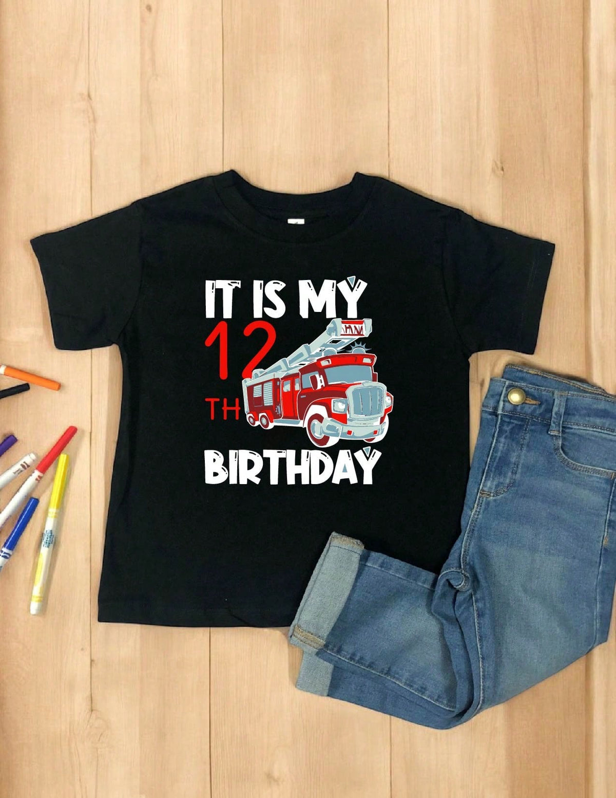 Twelfth Birthday Fire Truck Kids T-Shirt