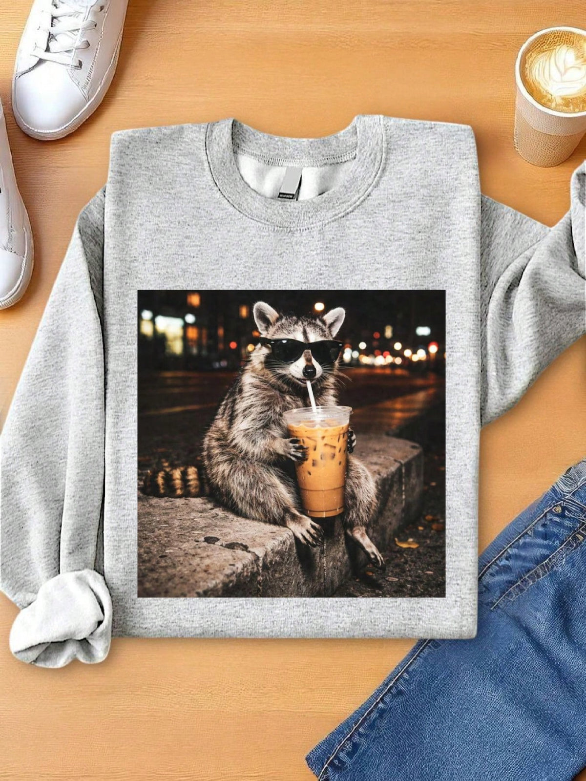 Raccoon Drinking Iced Coffee Sweatshirt