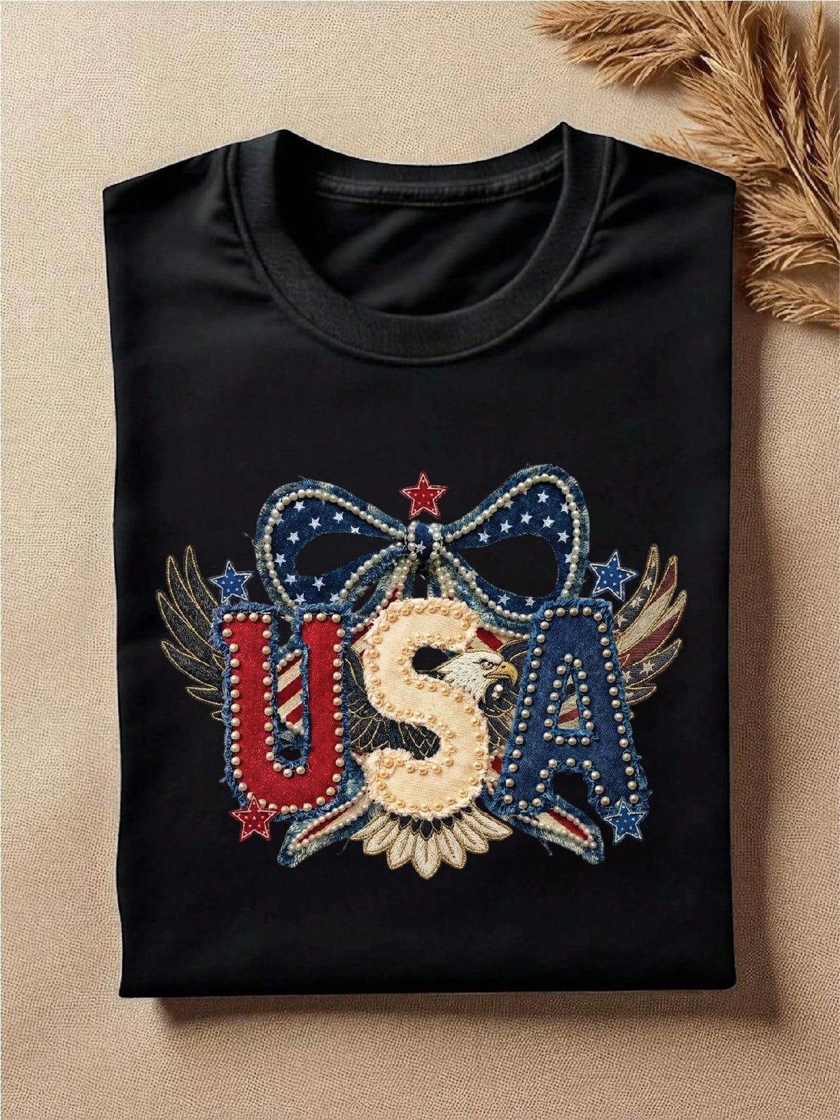 USA Coquette Patriotic Patchwork Print T-Shirt