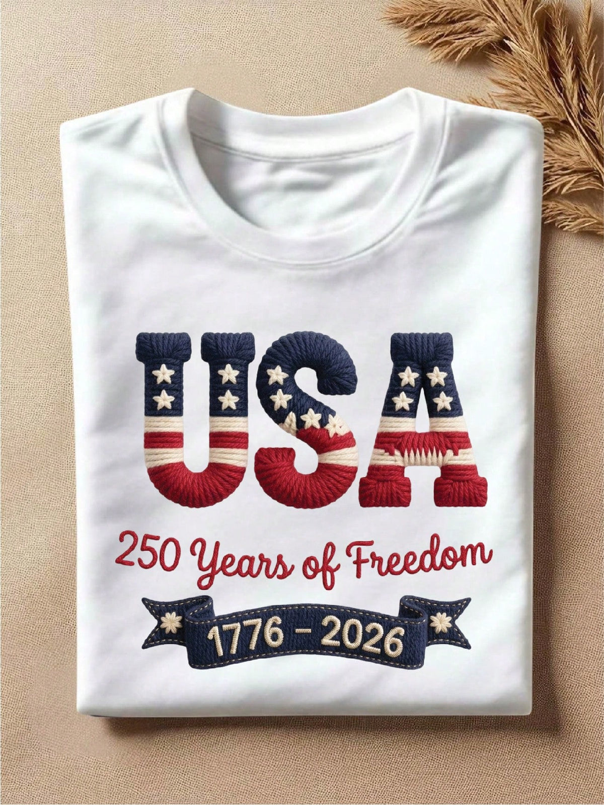 USA 250 Years Of Freedom Faux Yarn Print T-Shirt
