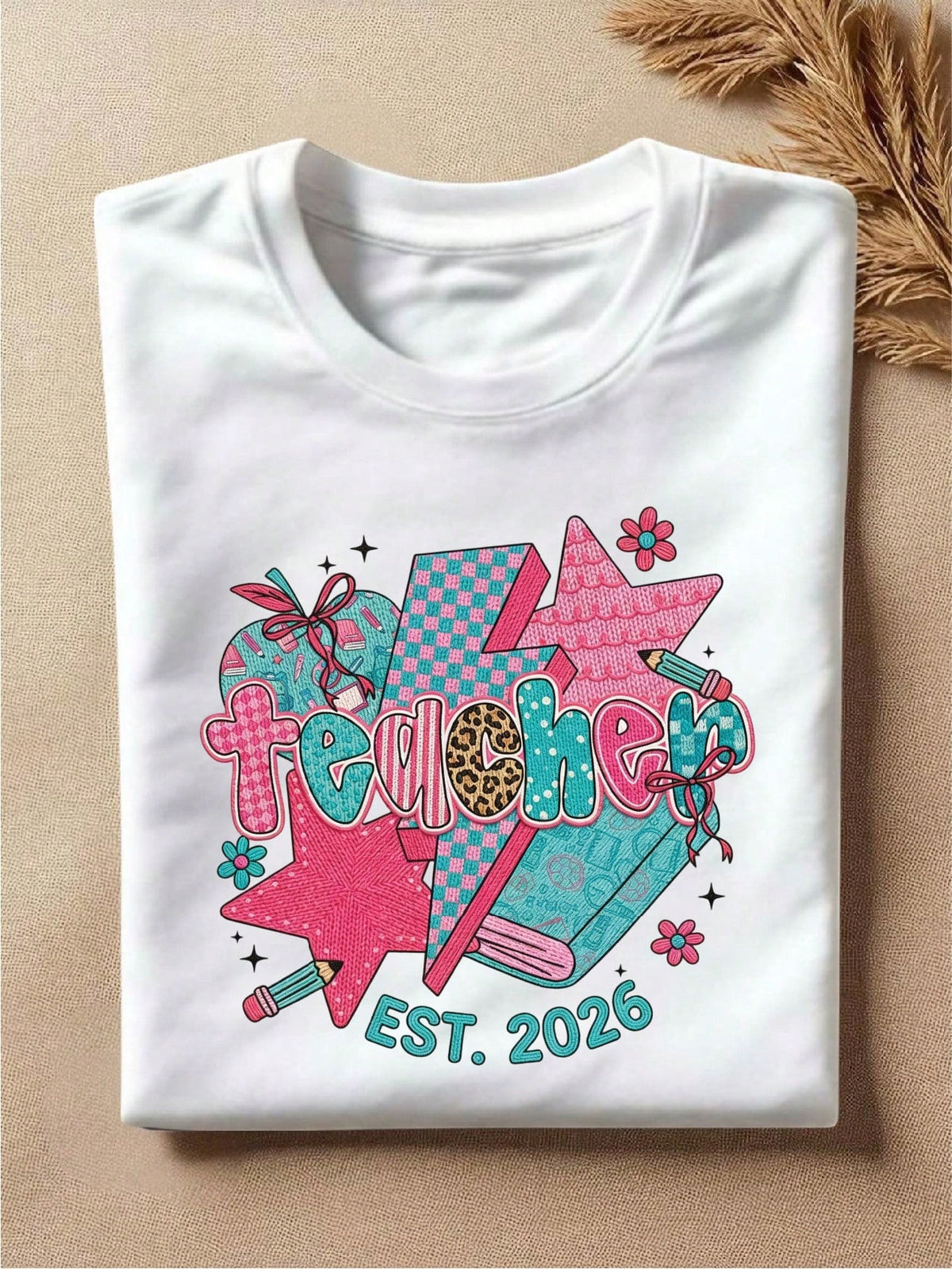 Teacher Est 2026 Faux Yarn Print T-Shirt