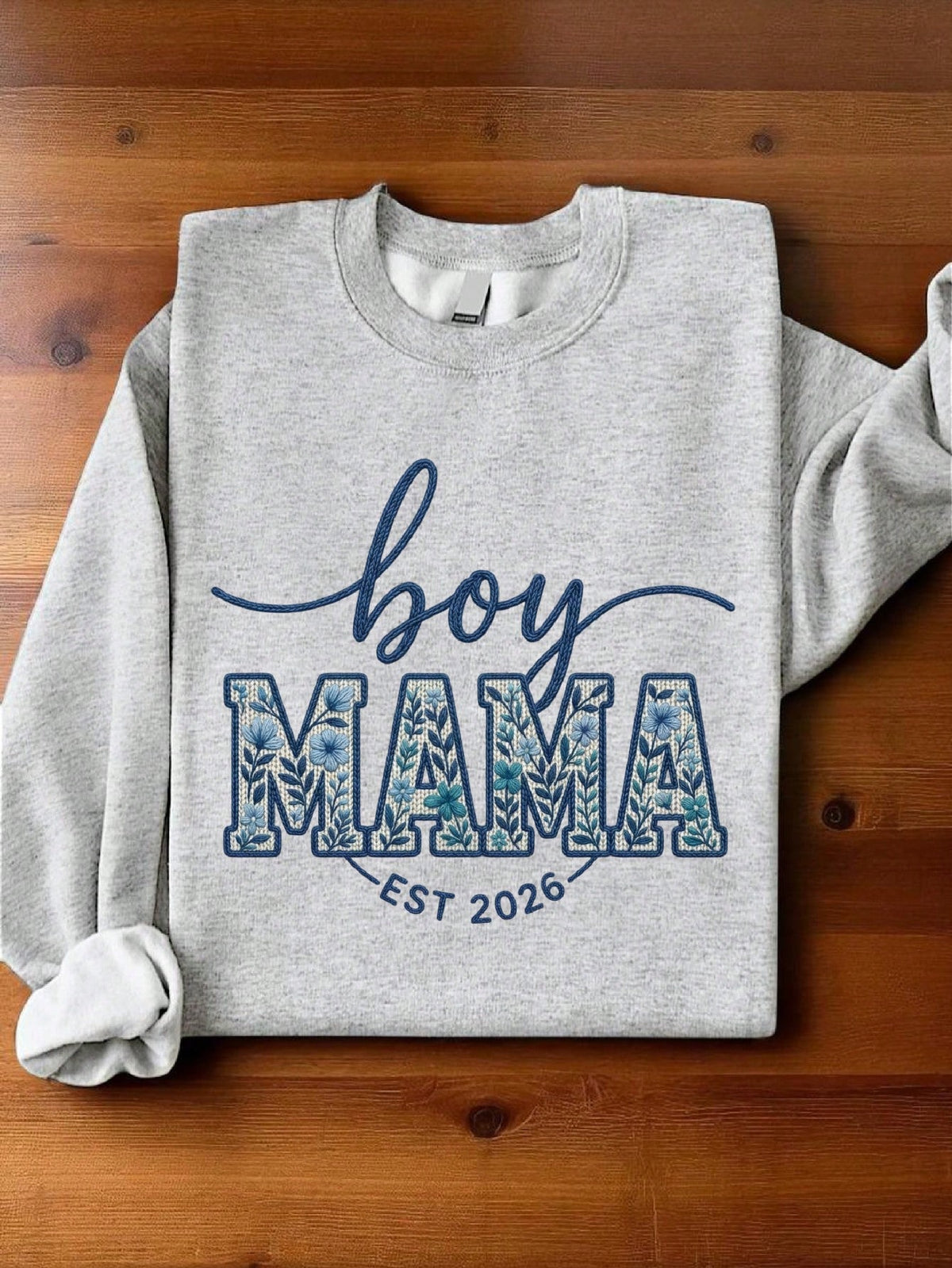 Boy Mama Est 2026 Faux Yarn Print Sweatshirt