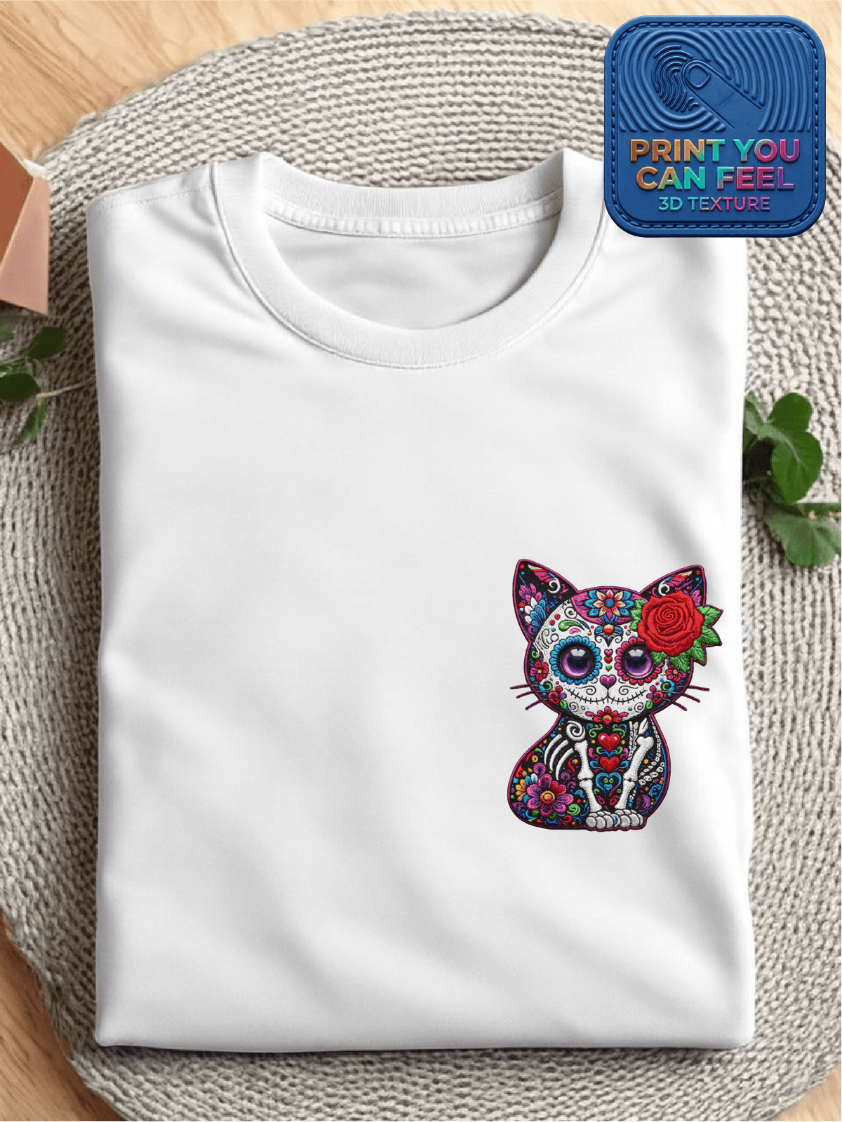 Floral Skull Cat 3D Pocket Size Patch T-Shirt For Women T-Shirt