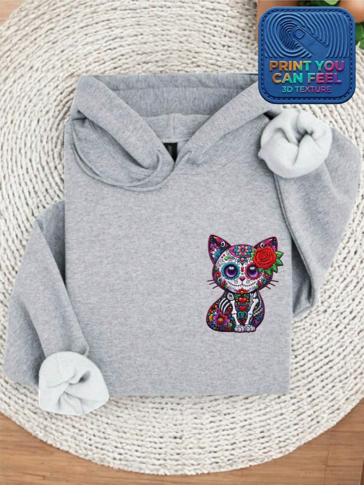 Floral Skull Cat 3D Pocket Size Patch Hoodie For Women Hoodie