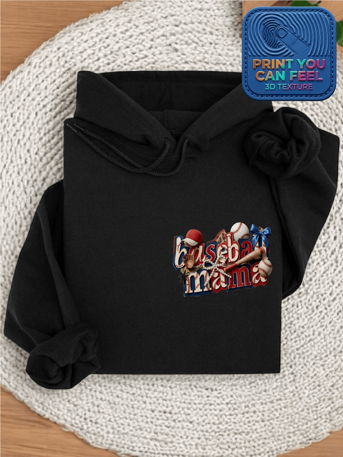 Retro Baseball Mama 3D Pocket Patch Hoodie