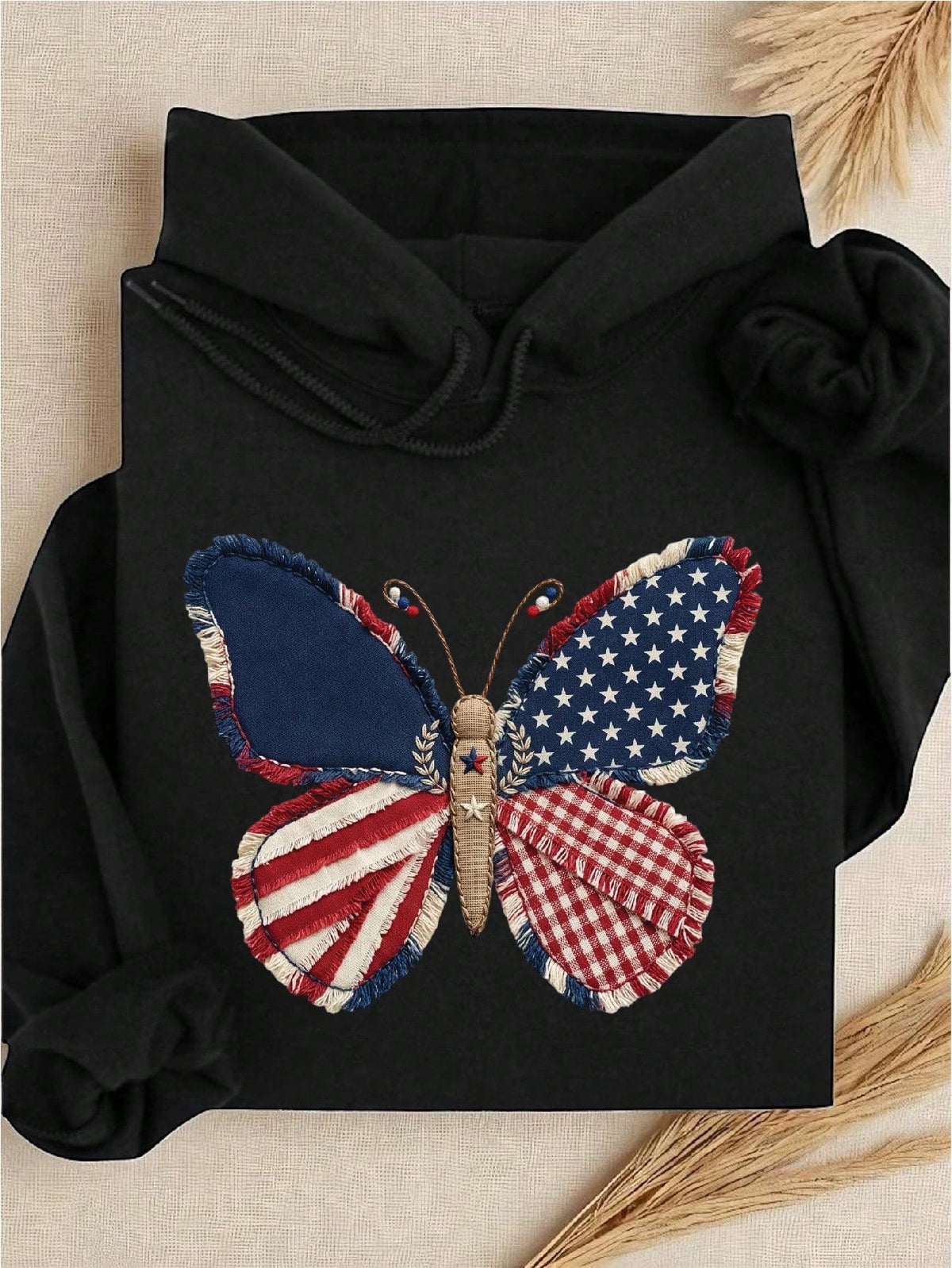 USA Butterfly Faux Patchwork Print Hoodie