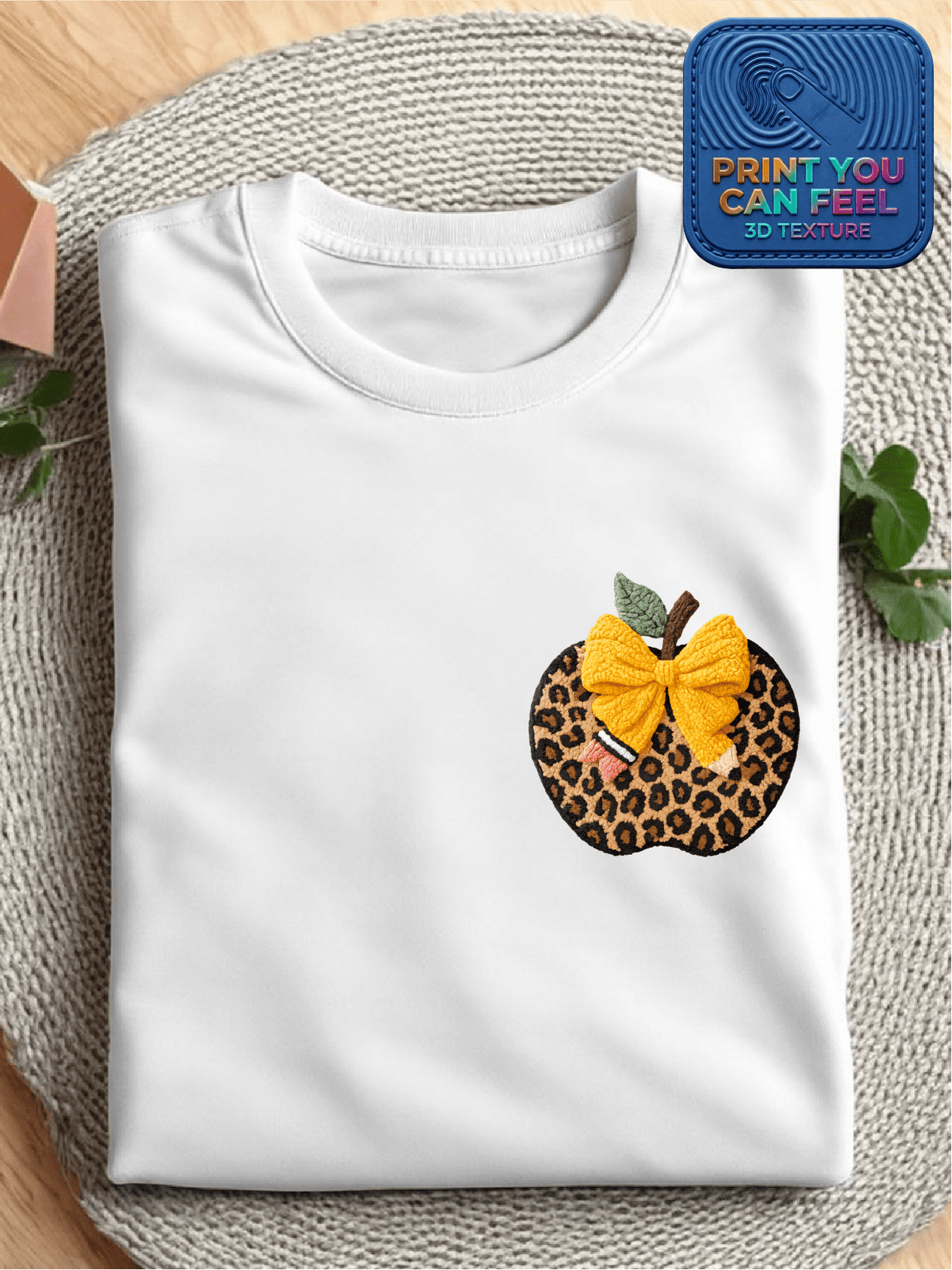 Retro Leopard Apple 3D Patch Printed Teacher T-Shirt