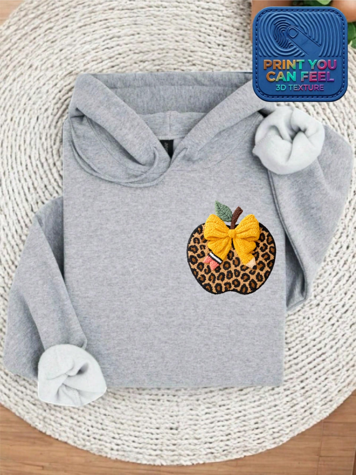 Retro Leopard Apple 3D Patch Teacher Hoodie
