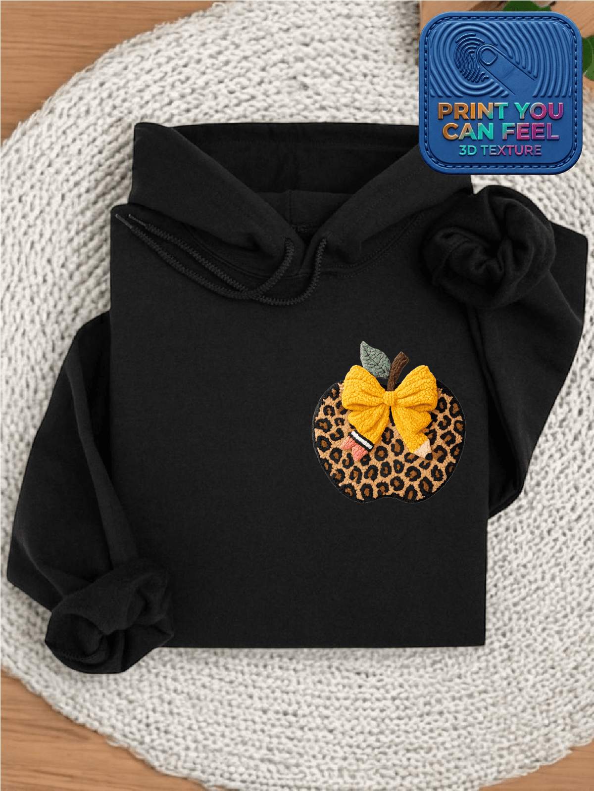 Retro Leopard Apple 3D Patch Teacher Hoodie
