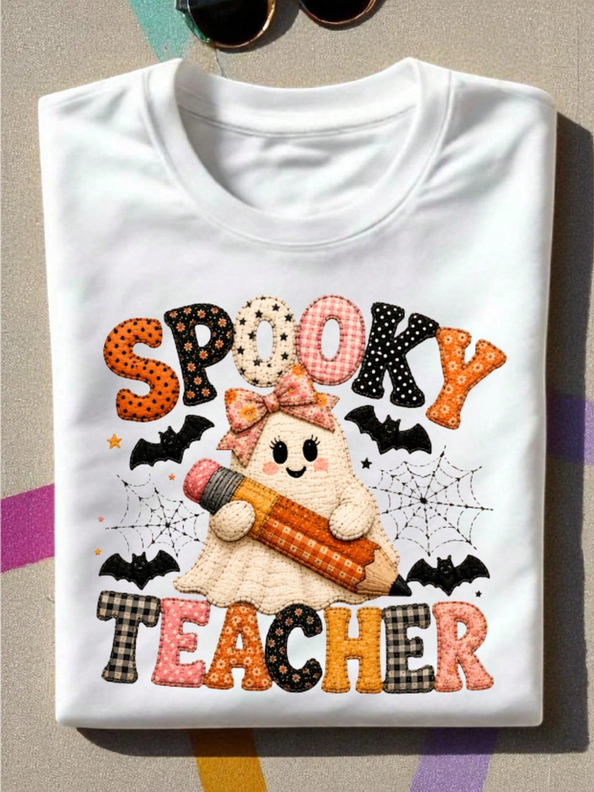 Faux Patchwork Ghost Teacher T-Shirt