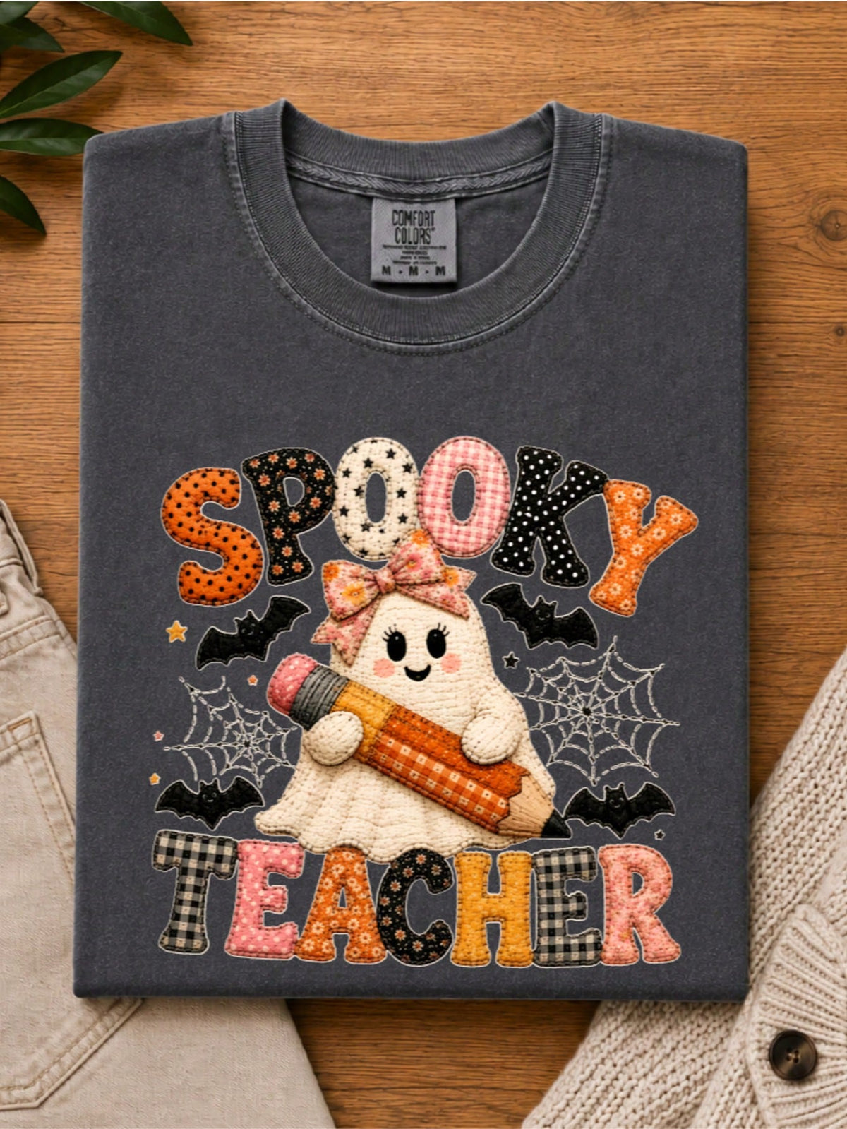 Faux Patchwork Ghost Teacher T-Shirt