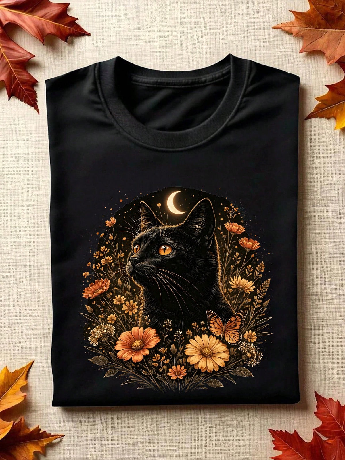 Black Cat Floral Cottagecore T-Shirt