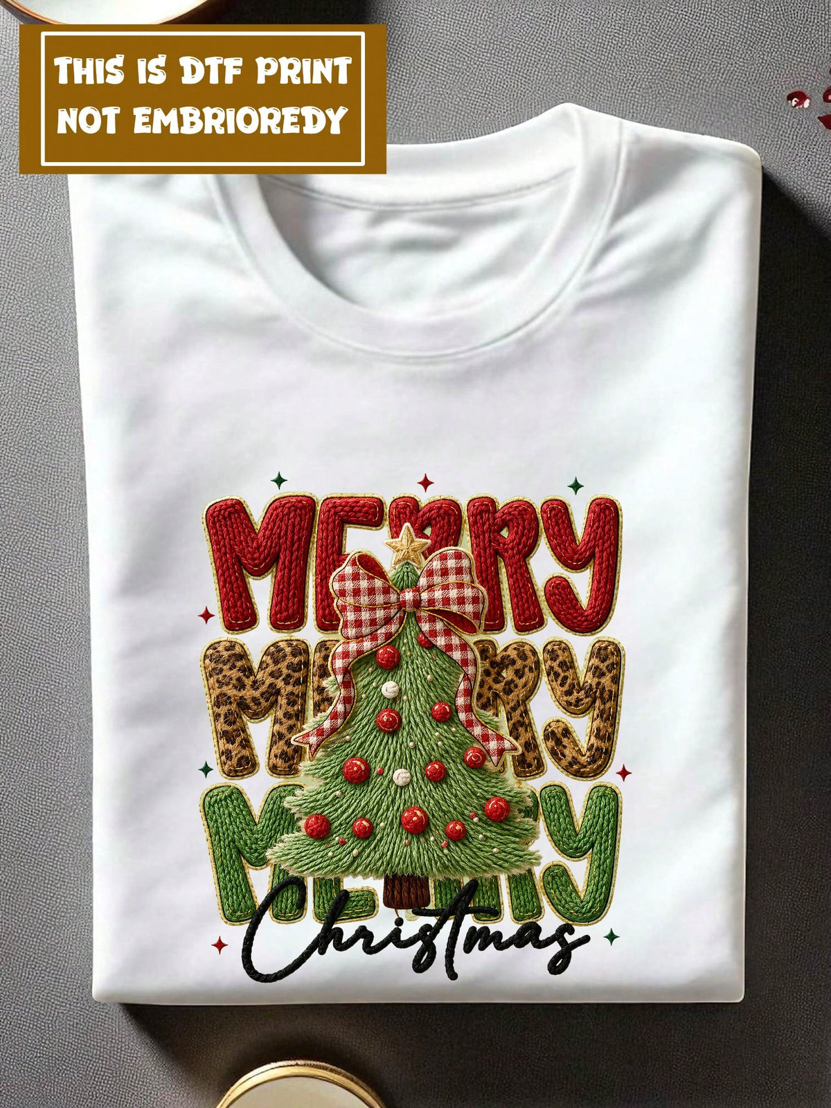 Merry Christmas Faux Puff Yarn (DTF Graphic Print) T-Shirt