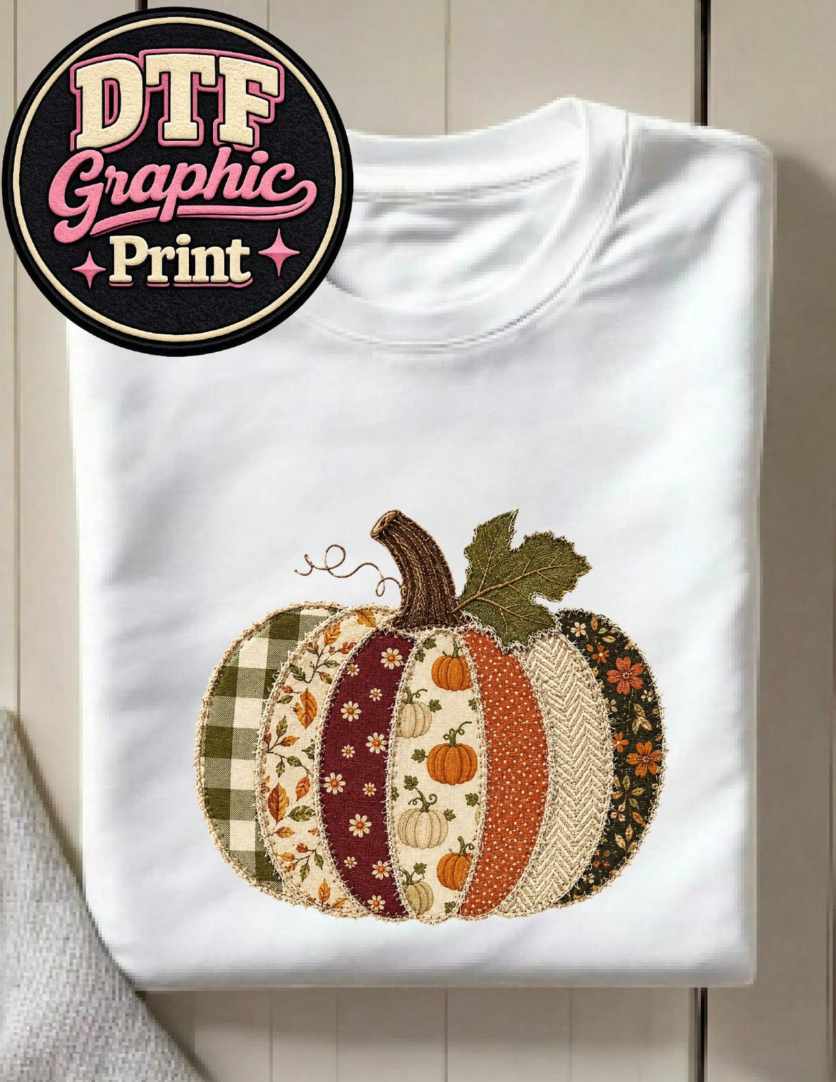 Faux Patchwork Fall Pumpkin (DTF Graphic Print) T-Shirt