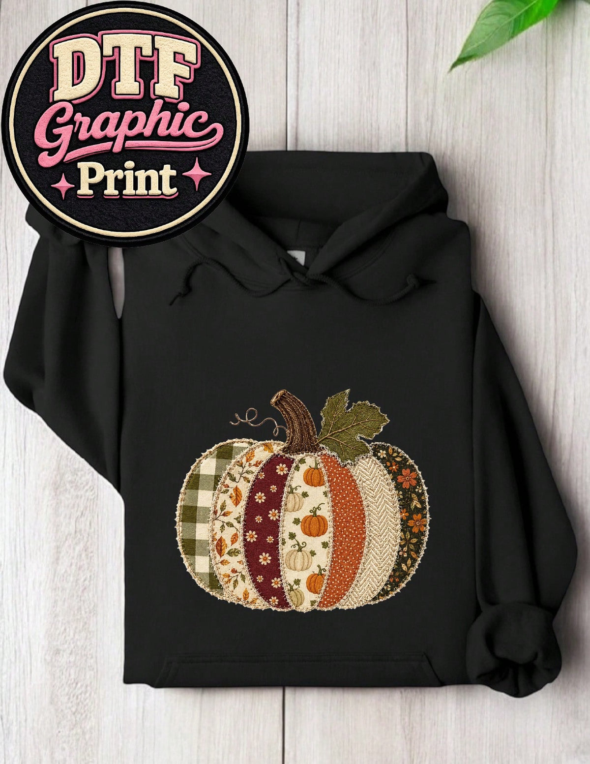 Faux Patchwork Fall Pumpkin (DTF Graphic Print) Hoodie