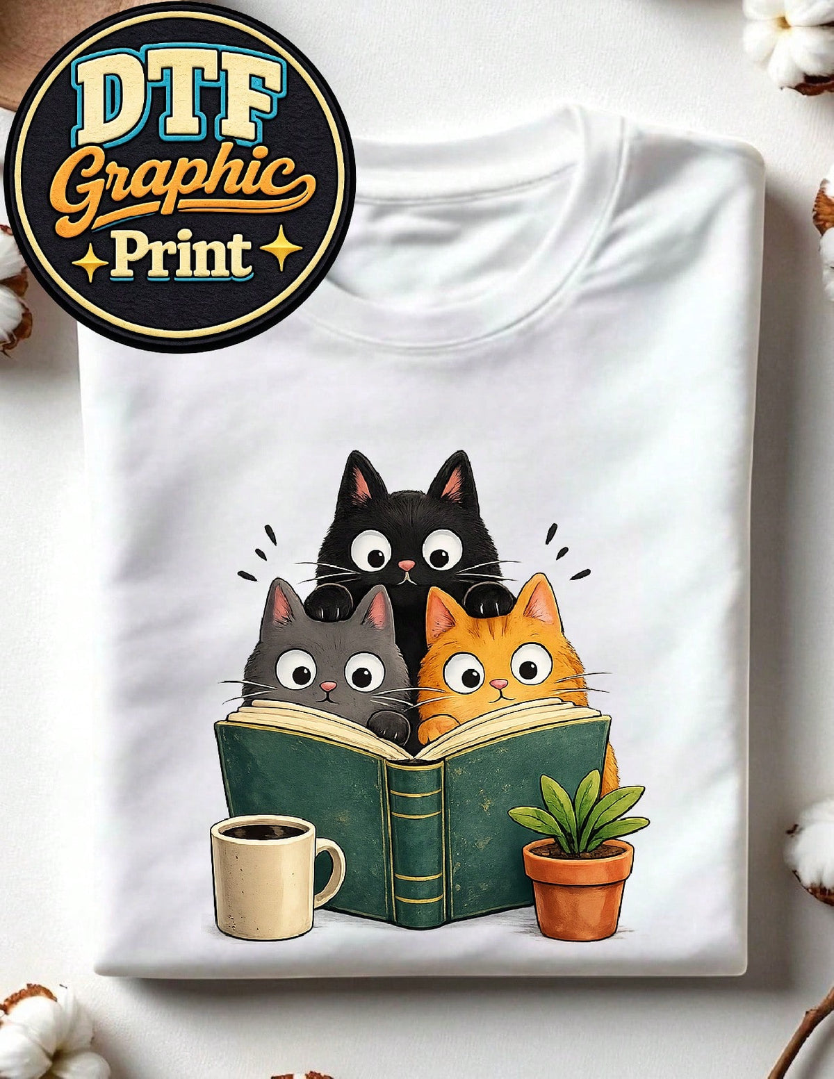 Curious Reading Cats Graphic T-Shirt