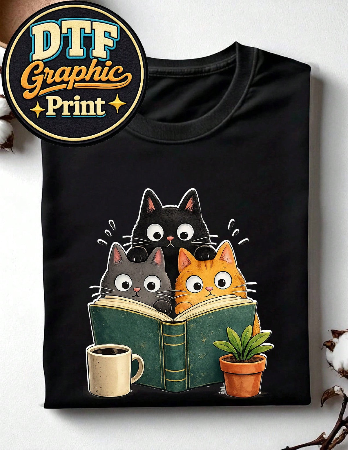 Curious Reading Cats Graphic T-Shirt