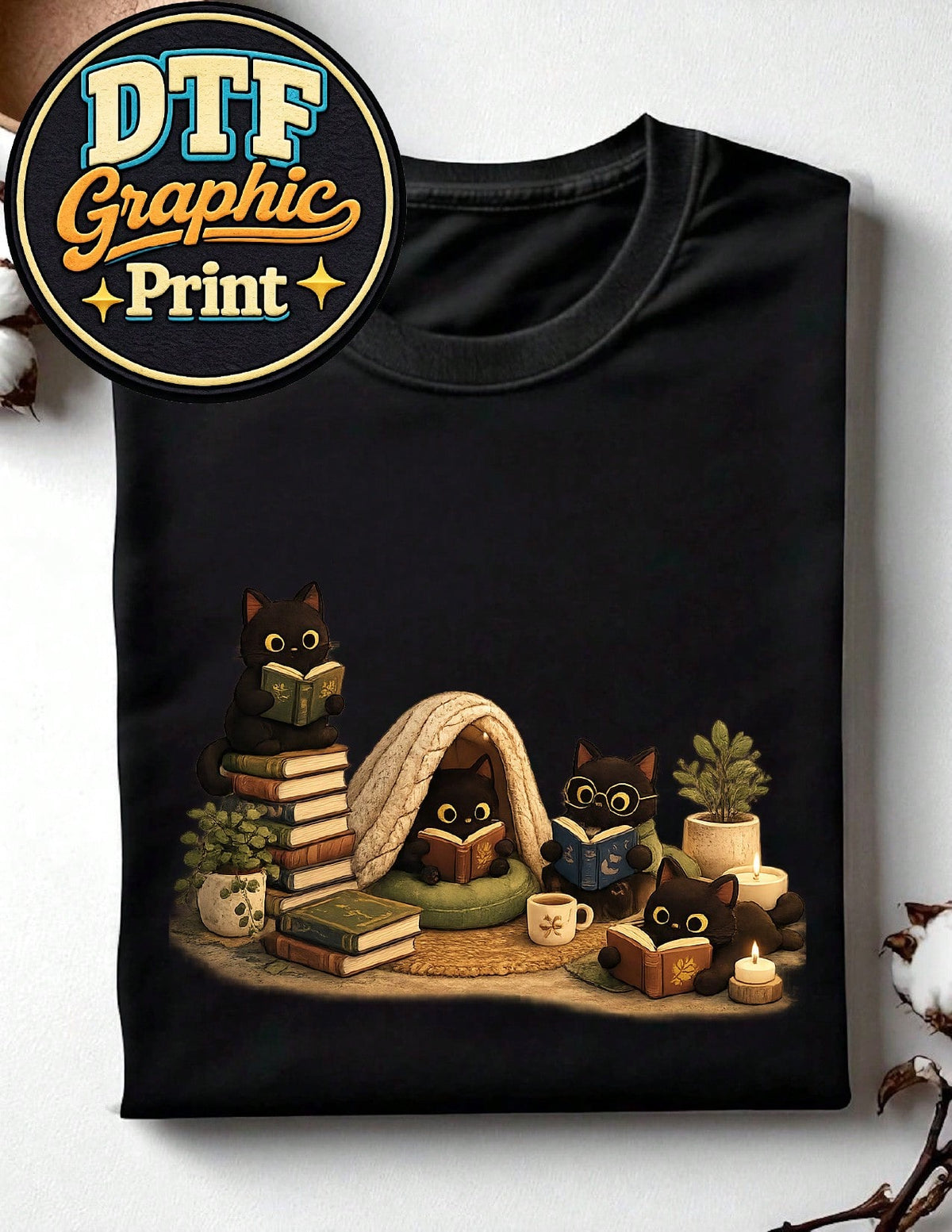 Black Cat Reading T-Shirt