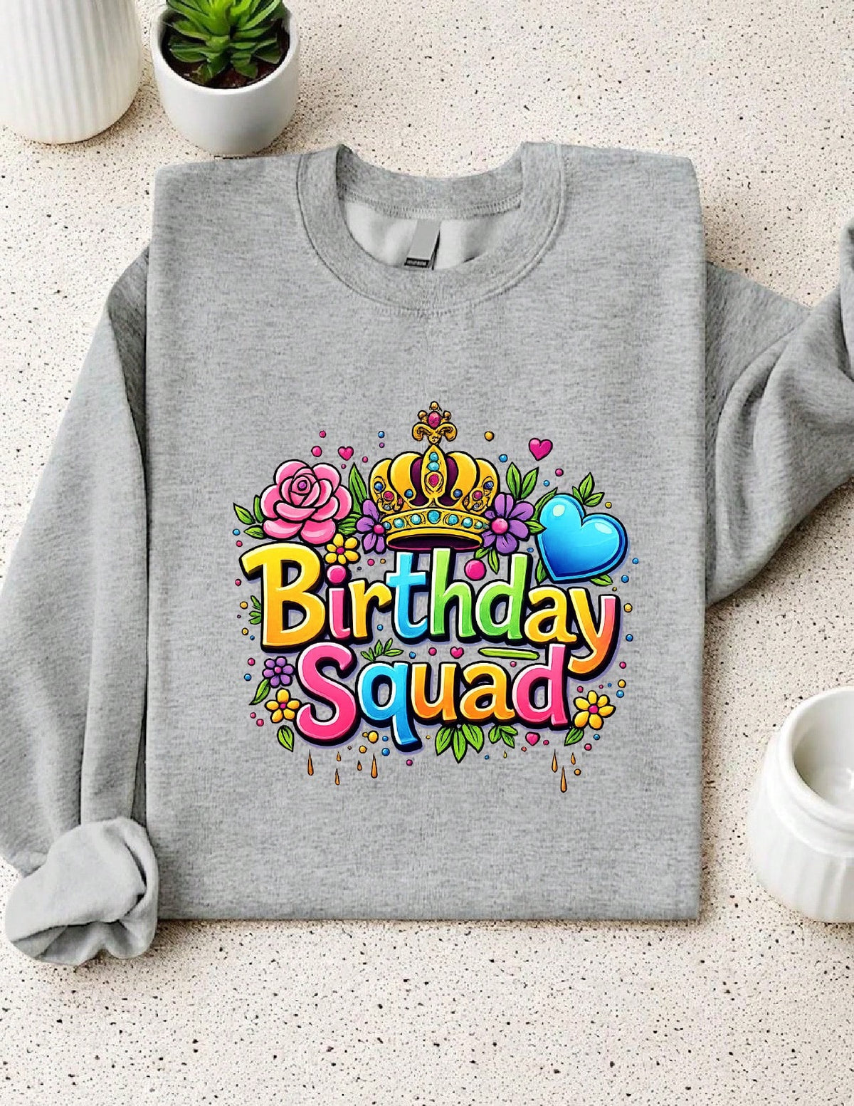 Colorful Birthday Squad Graphic Sweatshirt