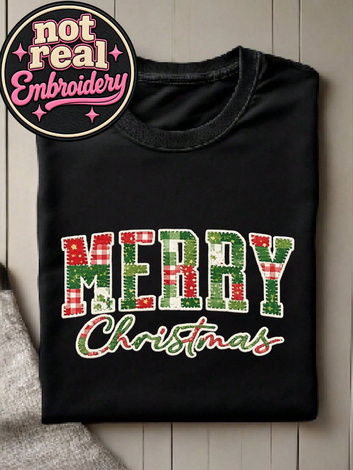 Merry Christmas Patchwork (DTF Graphic Print) T-Shirt