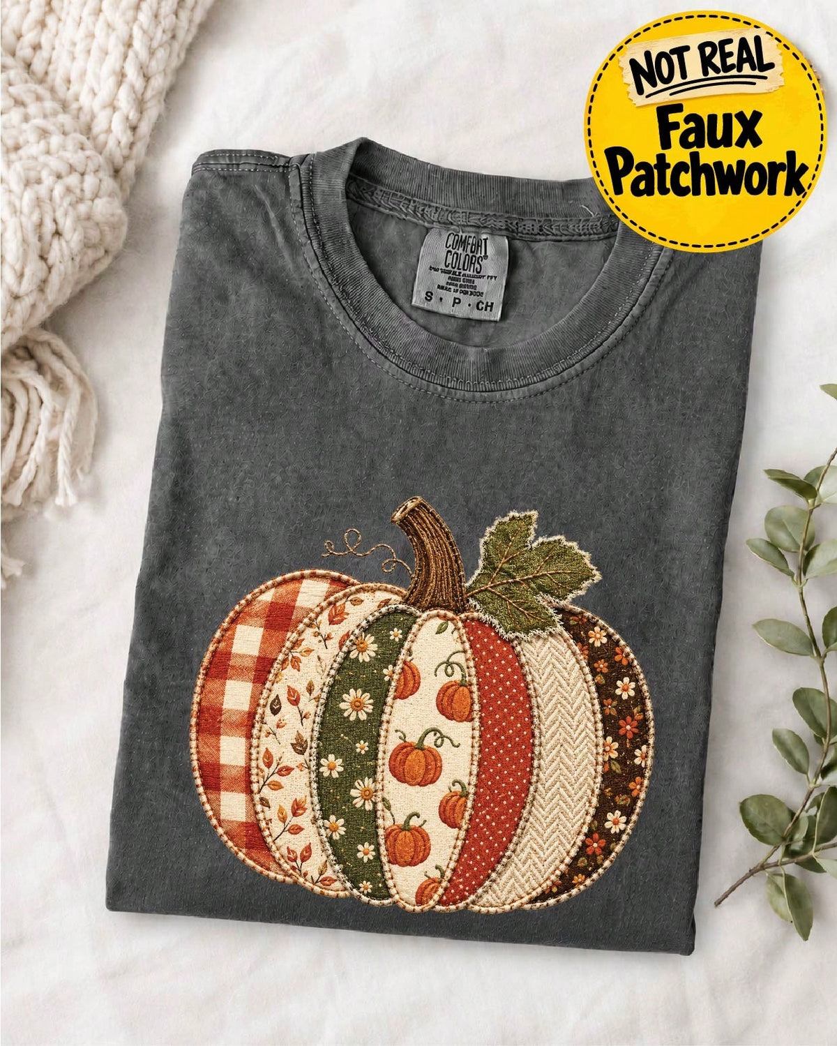 Faux Patchwork Fall Pumpkin T-Shirt