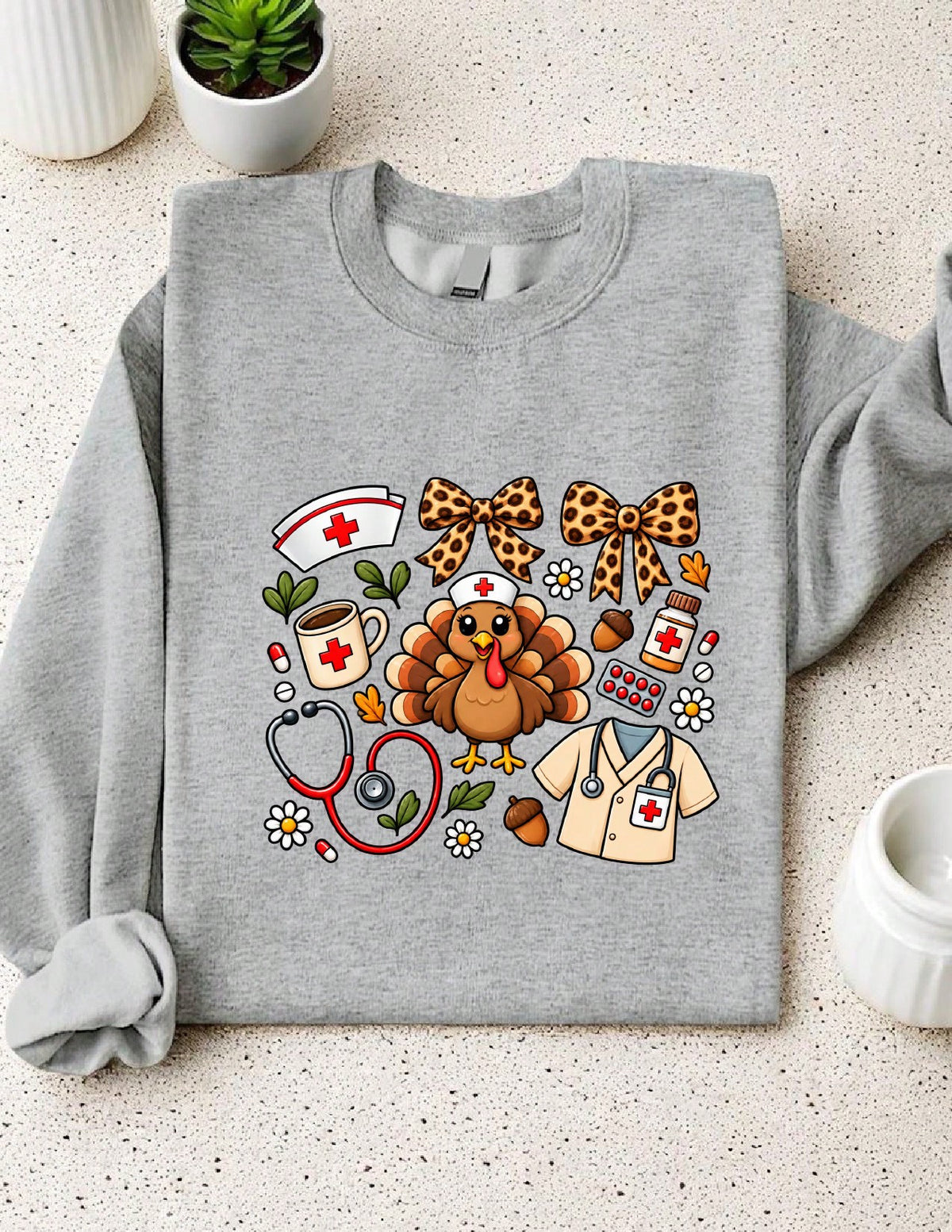 Thanksgiving Nurse Leopard Bow Sweatshirt