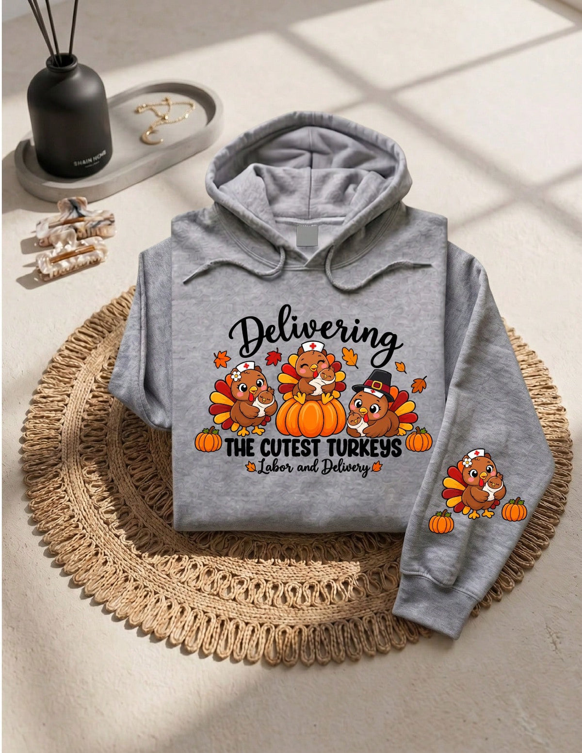 Thanksgiving LD Nurse Print On Sleeve Hoodie