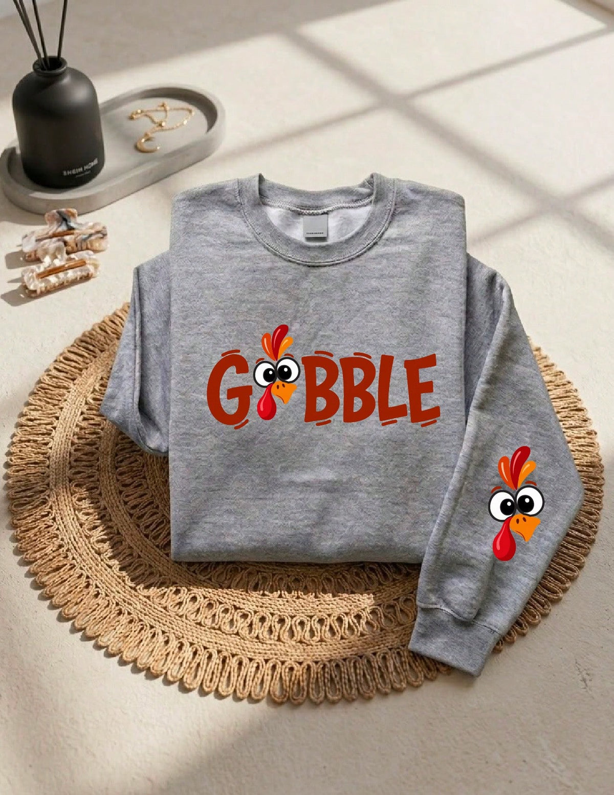 Gobble Thanksgiving Sleeve Print Sweatshirt