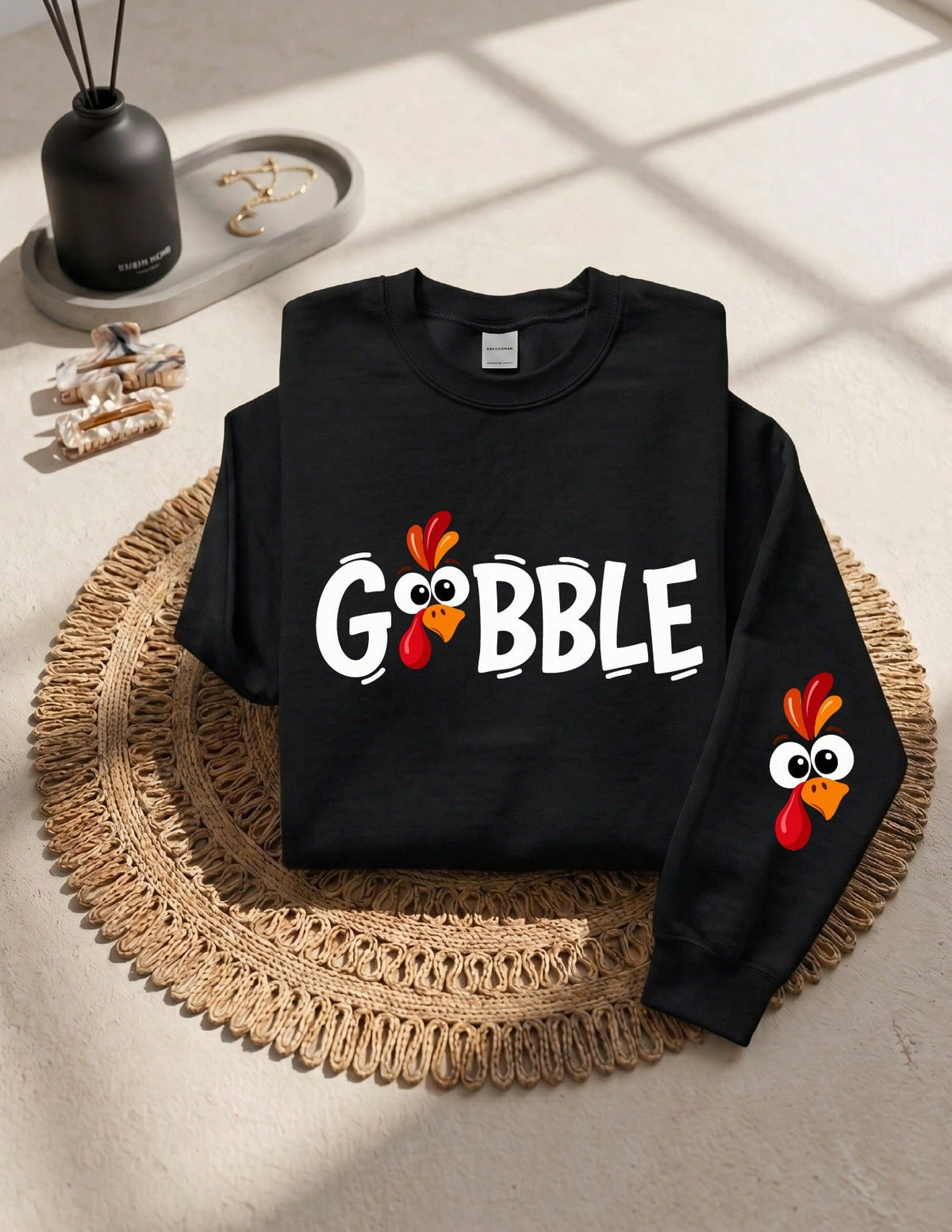 Gobble Thanksgiving Sleeve Print Sweatshirt
