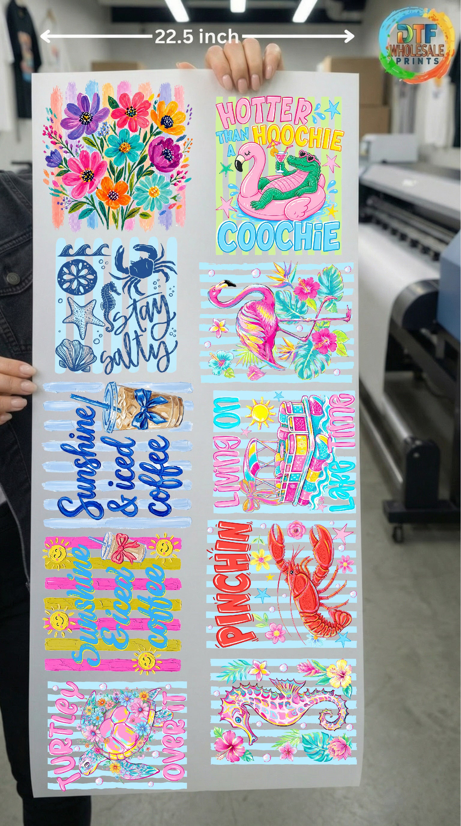 10 Summer & Lake Life Designs – Boho Floral, Sunshine & Iced Coffee, Stay Salty, Flamingo, Seahorse, Turtley Over It, Beach & Summer DTF Transfers