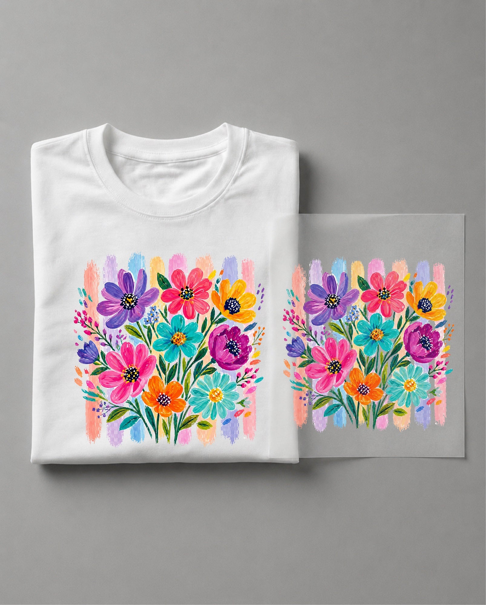Striped Boho Floral Brushstroke Shirt – Bohemian Floral Graphic Tee, Artistic Wildflower Print Shirt, Trendy Summer Casual Shirt – DT-1