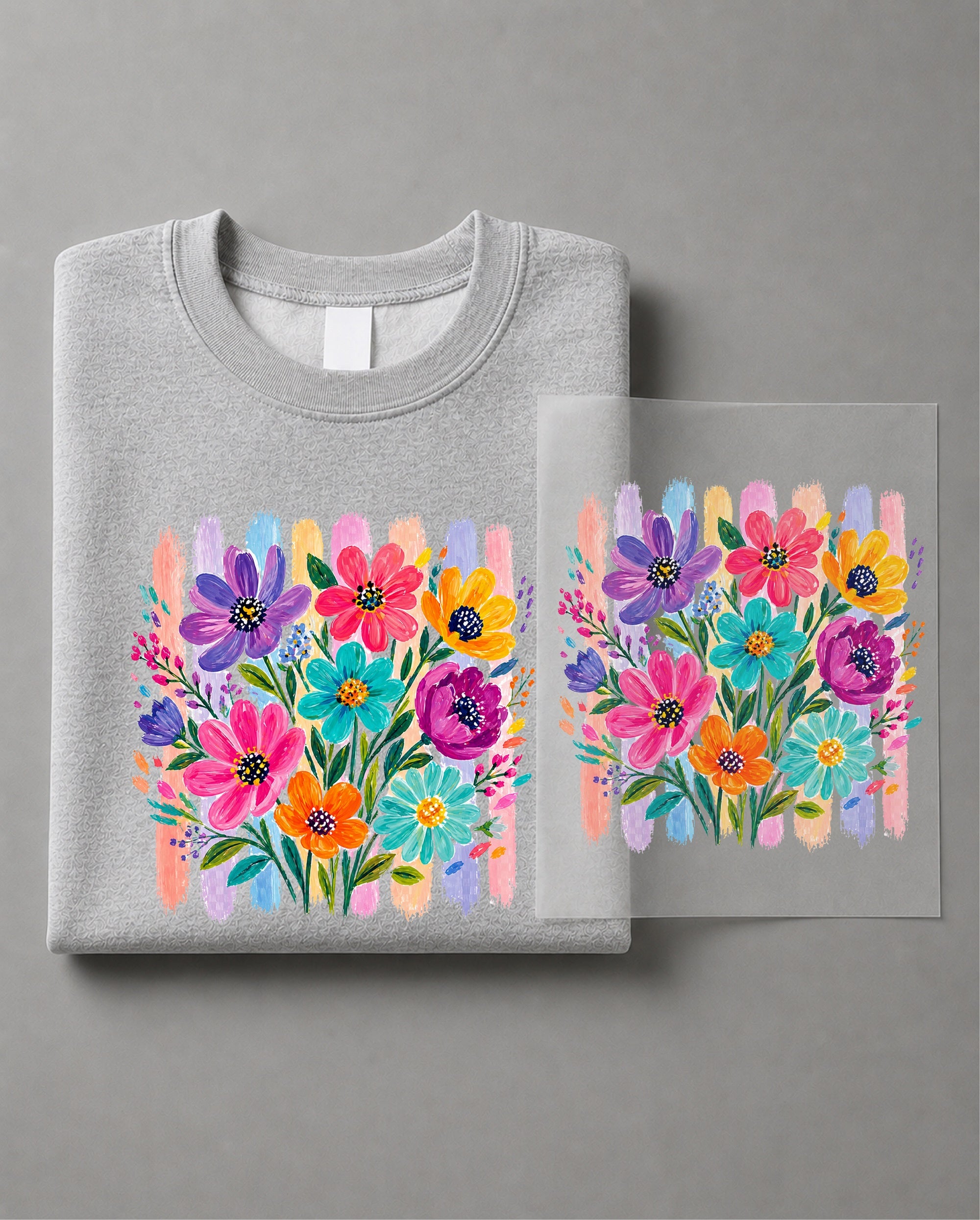 Striped Boho Floral Brushstroke Sweatshirt– Bohemian Floral Graphic Sweater, Trendy Floral Casual Crewneck– DT-1