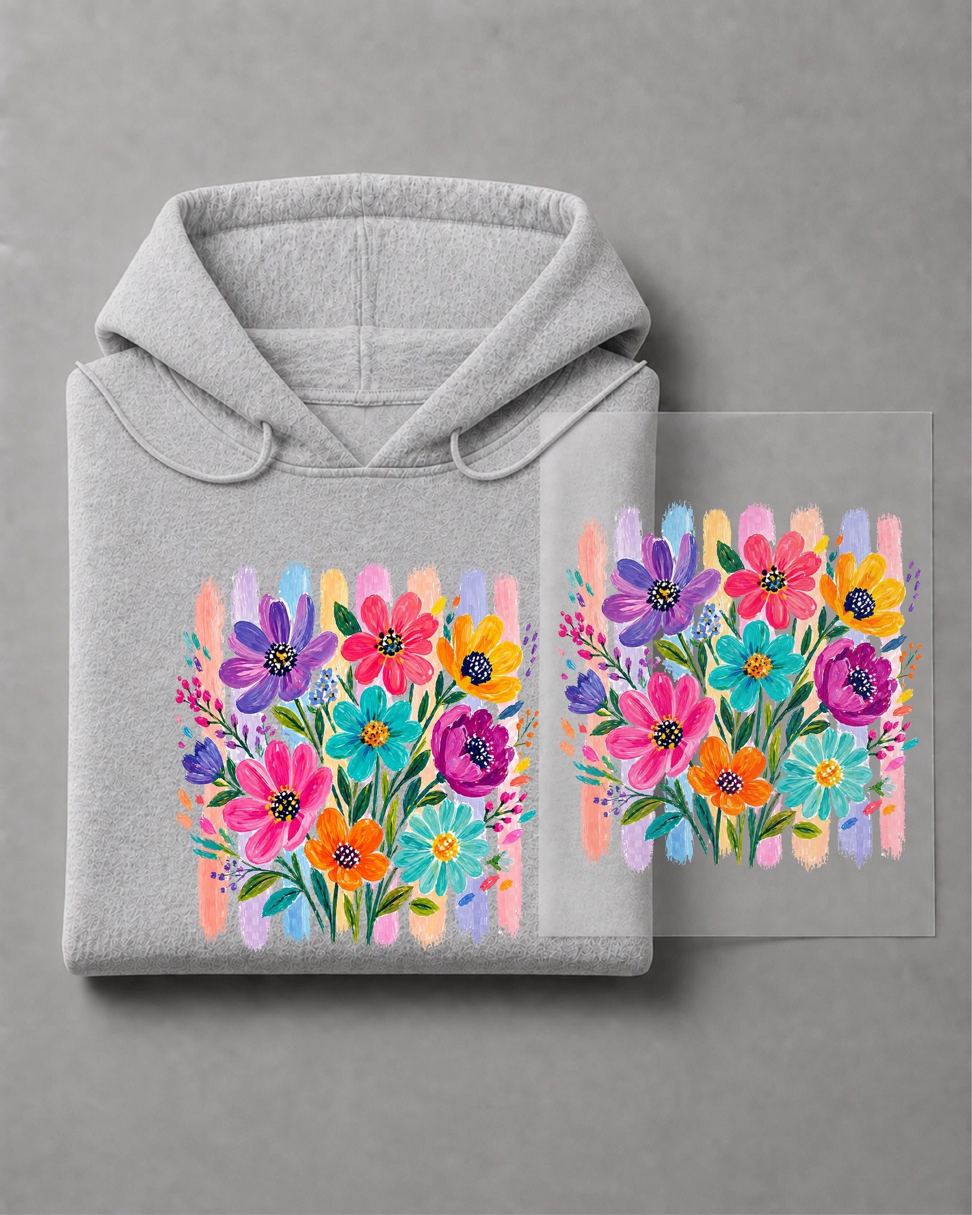 Striped Boho Floral Brushstroke Hoodie– Bohemian Floral Graphic Hooded Sweater, Trendy Floral Casual Hoodie– DT-1