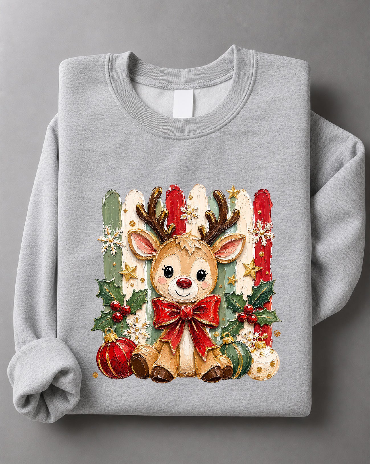 Coquette Christmas Reindeer Sweatshirt – Cute Bow Reindeer Graphic, Girly Holiday Apparel – DTF-41