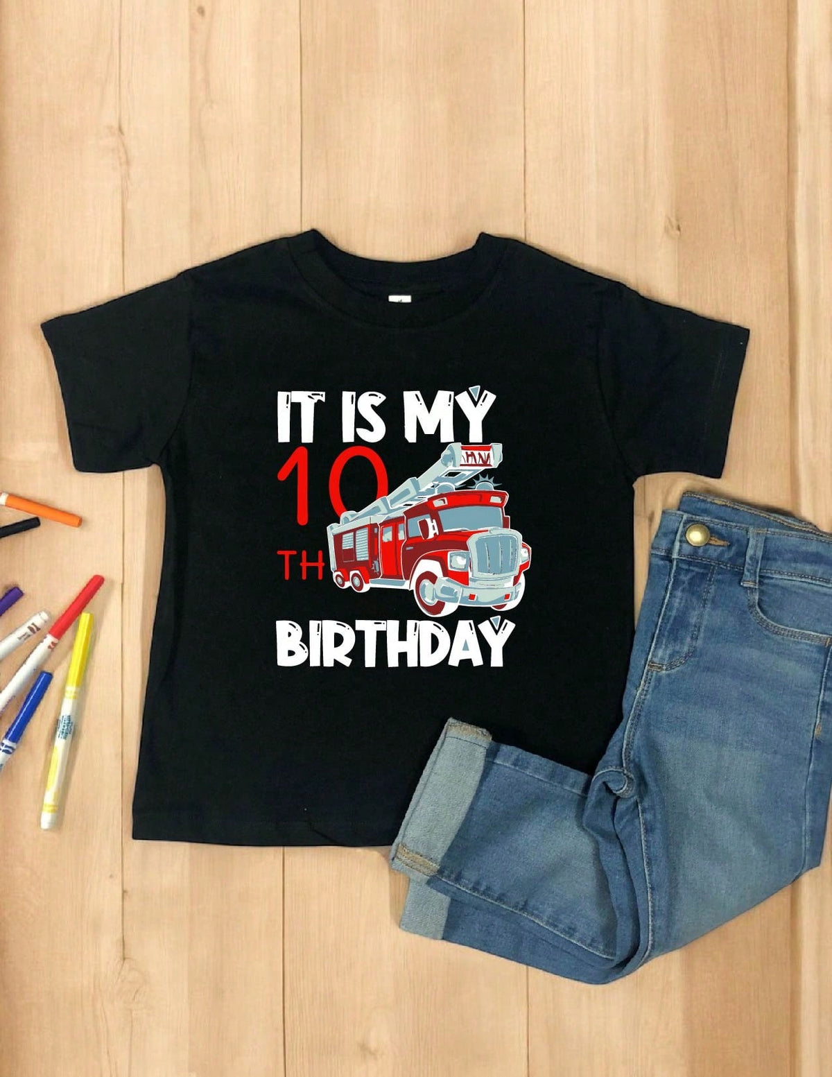 Tenth Birthday Fire Truck Kids T-Shirt