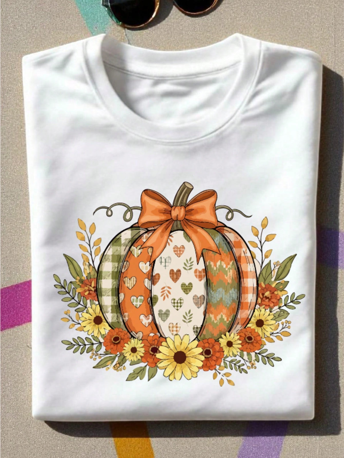 Fall Boho Floral Pumpkin Bow T-Shirt
