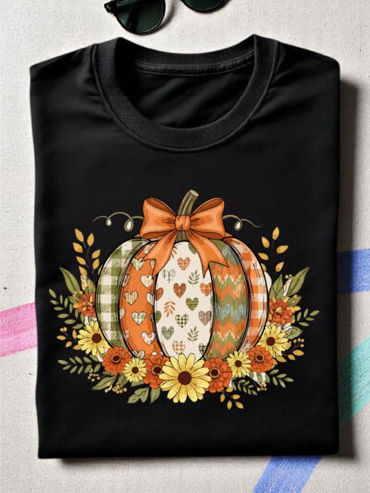 Fall Boho Floral Pumpkin Bow T-Shirt