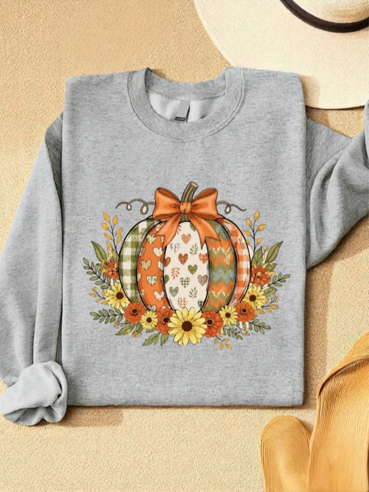 Fall Boho Floral Pumpkin Bow Sweatshirt