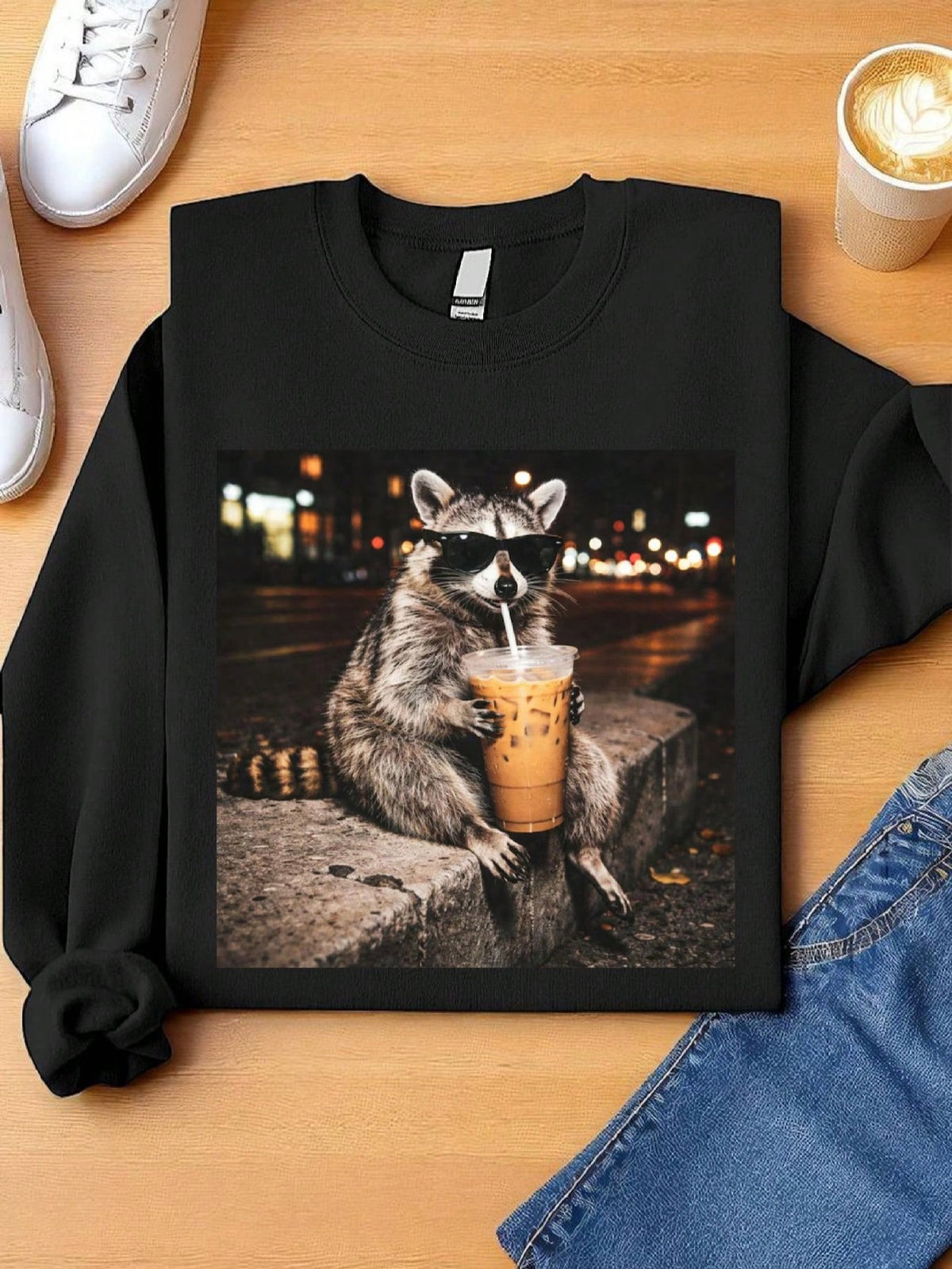 Raccoon Drinking Iced Coffee Sweatshirt