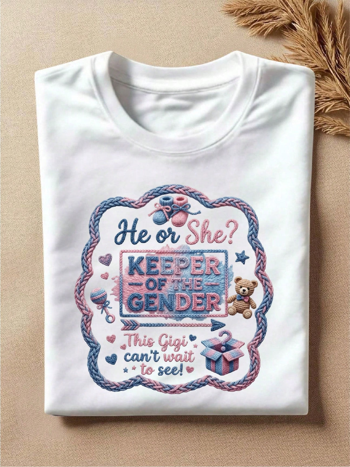 He Or She Keeper Of The Gender Faux Yarn Print T-Shirt
