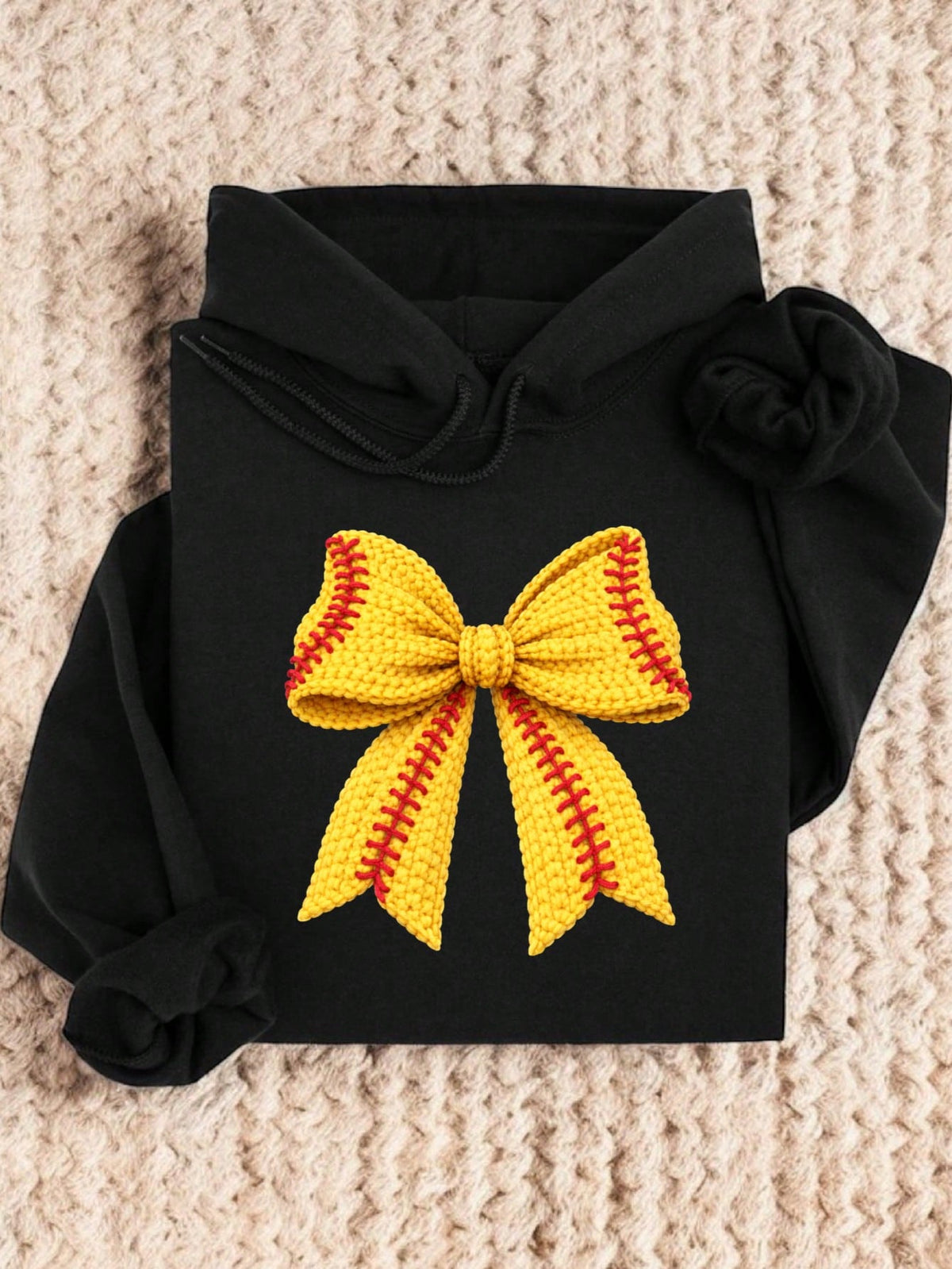 Faux Yarn Softball Coquette Bow Hoodie