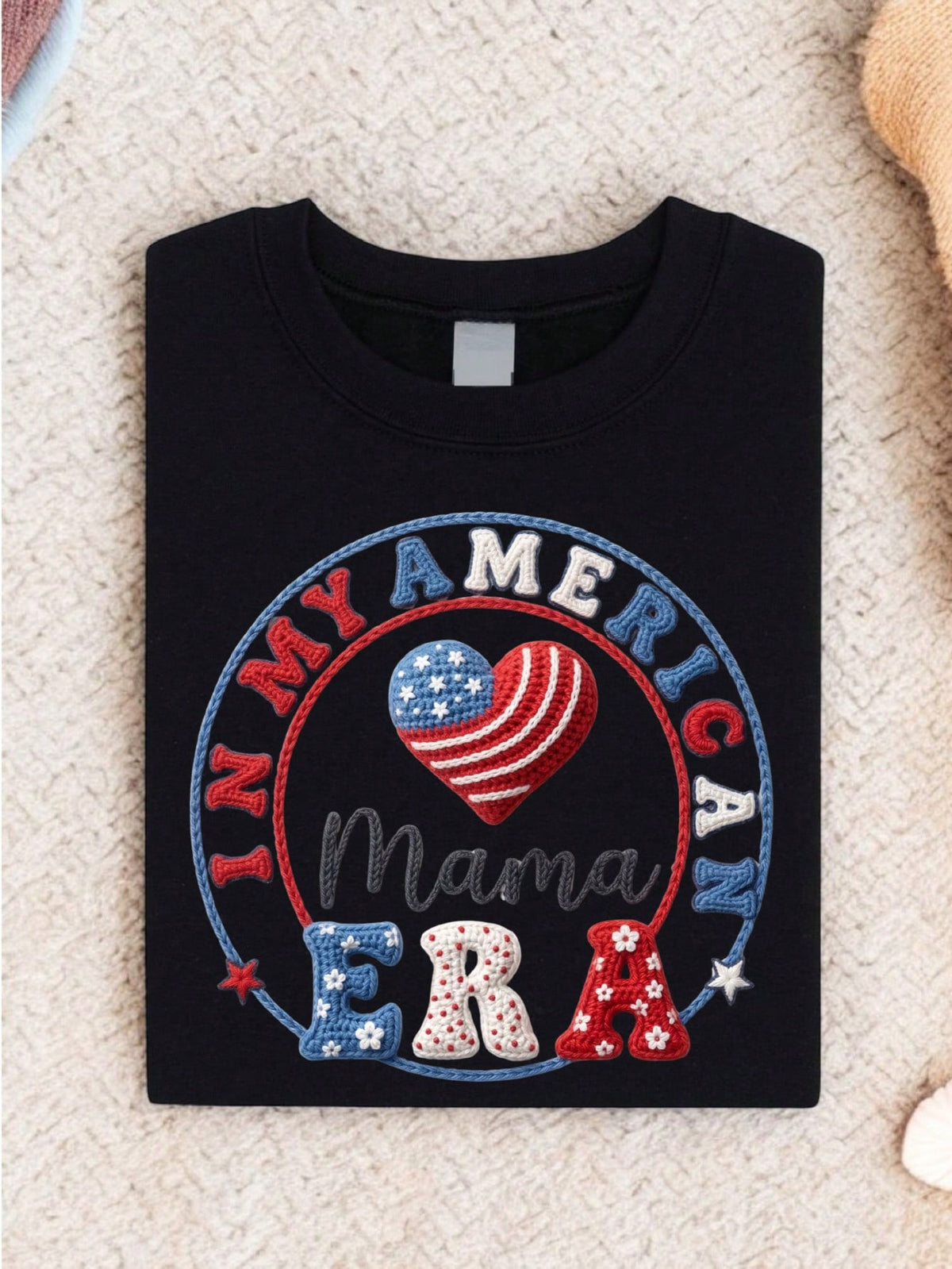 Patriotic American Mama Shirt USA Mom Theme Faux Crochet Graphic 4th Of July Celebration Gift In My American Mama Era Te T-Shirt