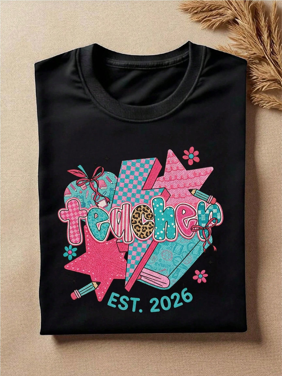 Teacher Est 2026 Faux Yarn Print T-Shirt