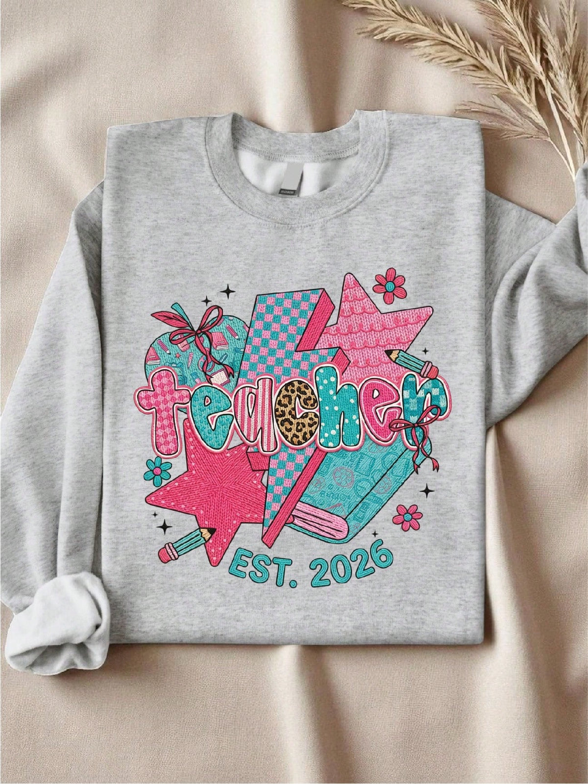 Teacher Est 2026 Faux Yarn Print Sweatshirt