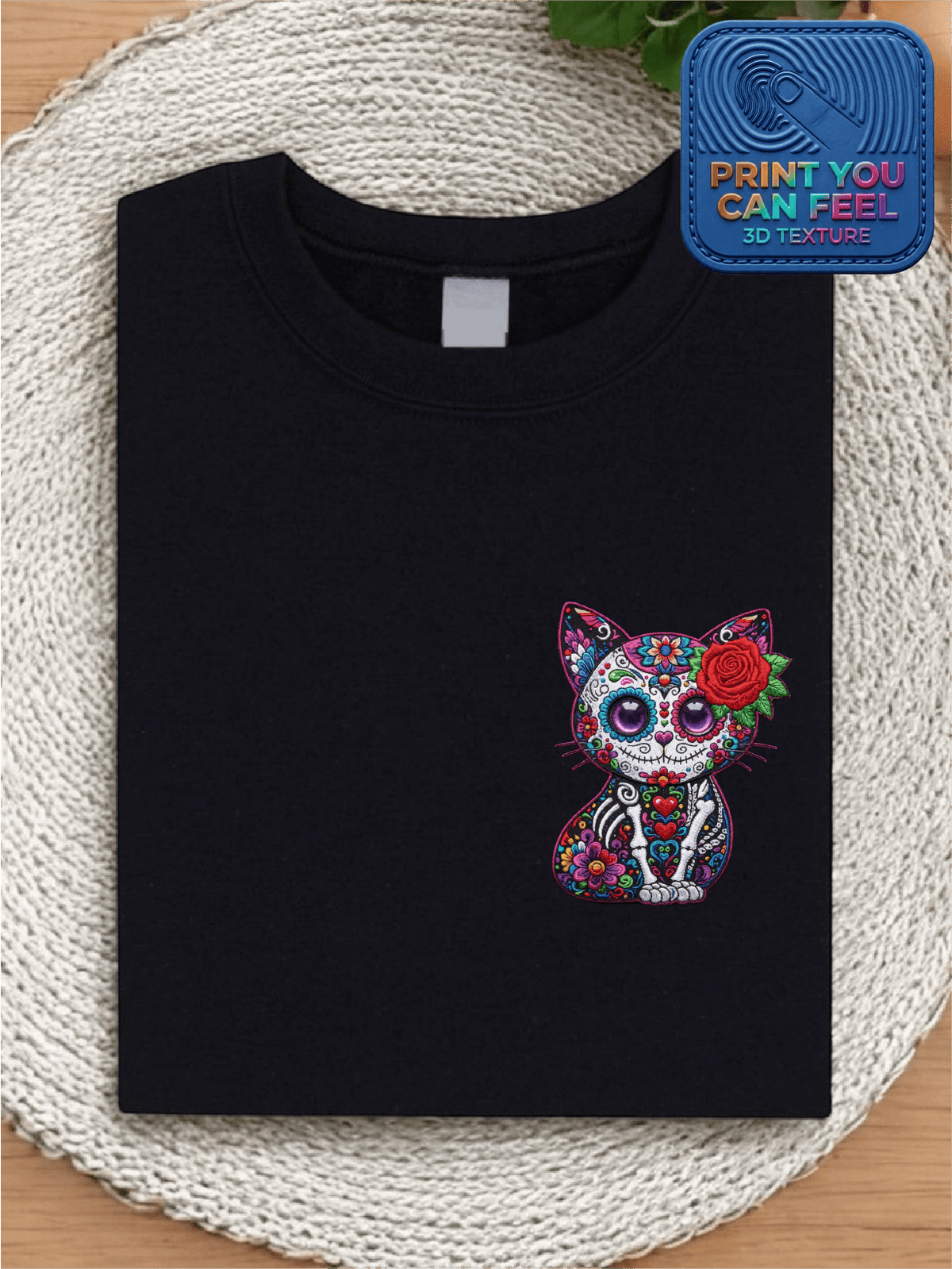 Floral Skull Cat 3D Pocket Size Patch T-Shirt For Women T-Shirt