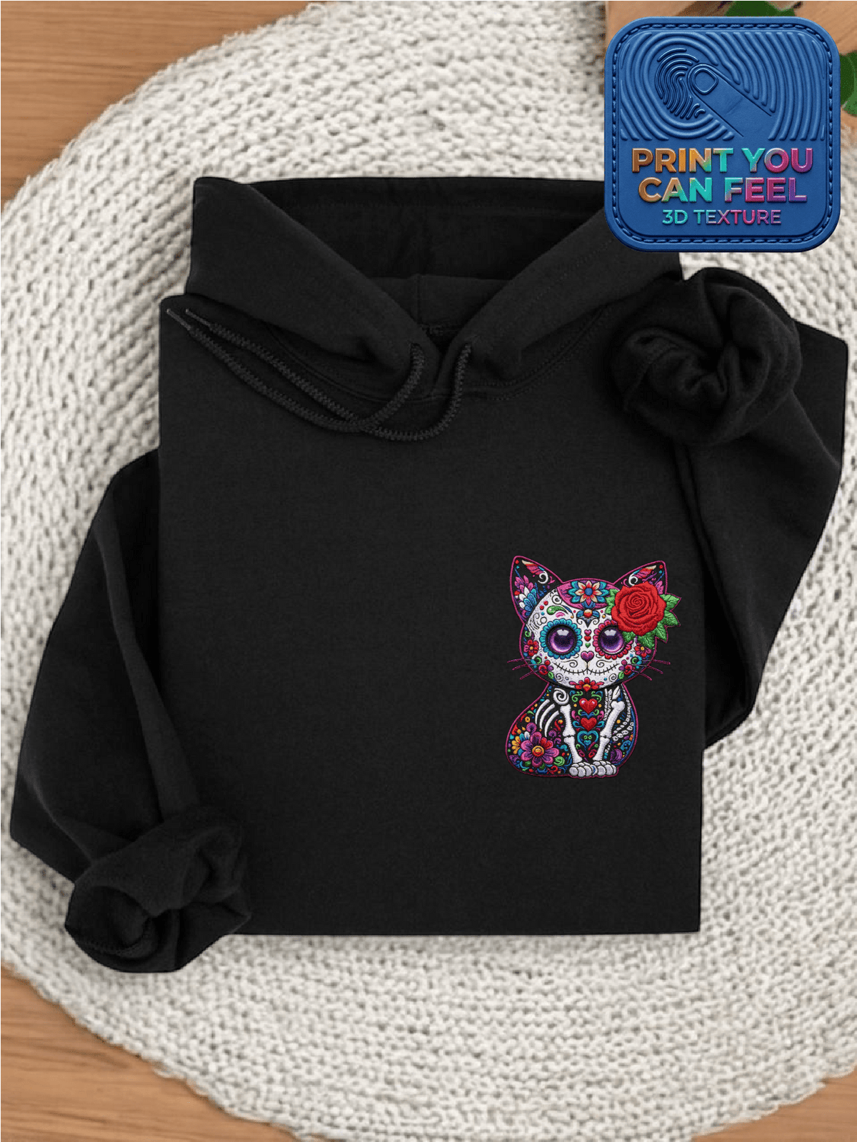 Floral Skull Cat 3D Pocket Size Patch Hoodie For Women Hoodie