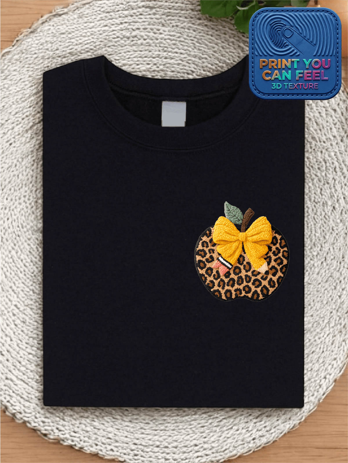 Retro Leopard Apple 3D Patch Printed Teacher T-Shirt