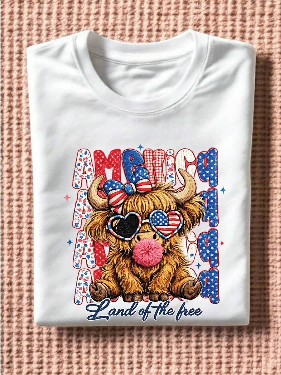 Highland Cow 4th July Bow Faux Yarn T-Shirt